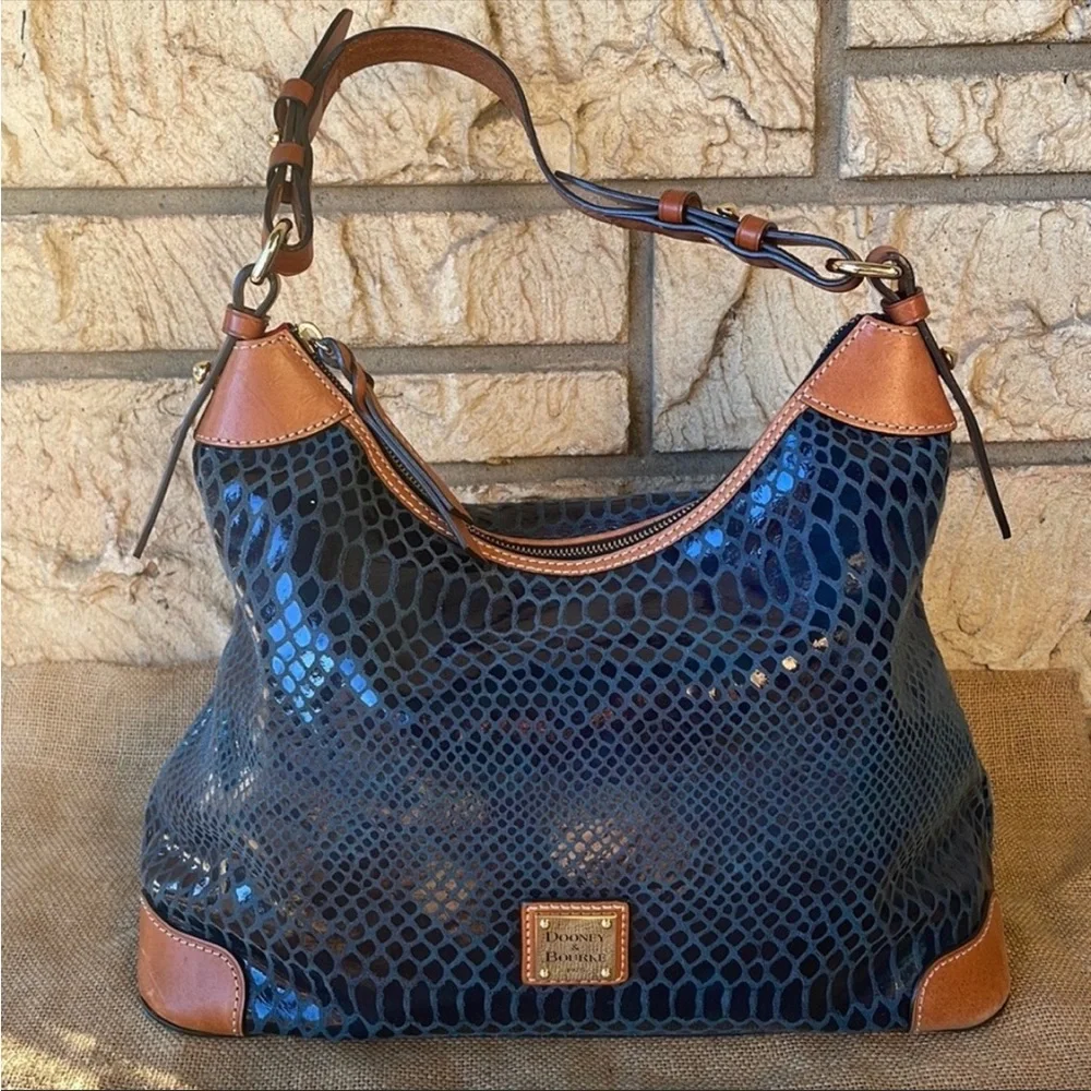 Dooney & Bourke Navy Blue Snakeskin-Embossed Leather Hobo with Brown Trim